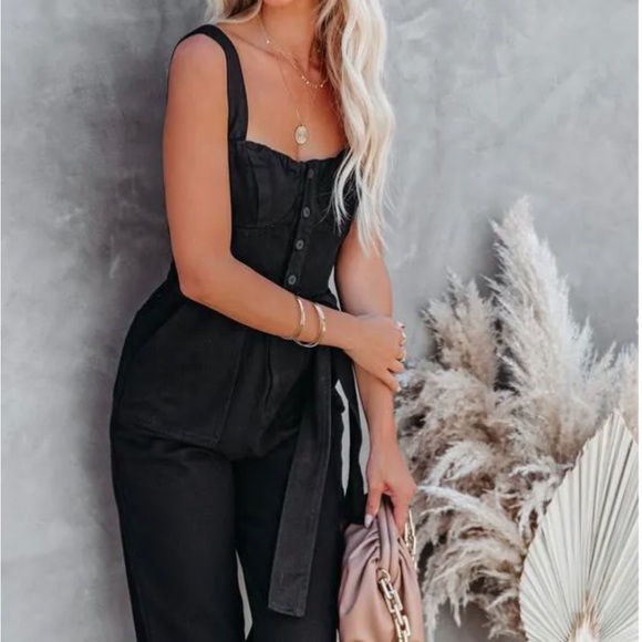 NEW VICI FORE PARK SLOPE BLACK DENIM WAIST TIE JUMPSUIT SZ S - Picture 6 of 8